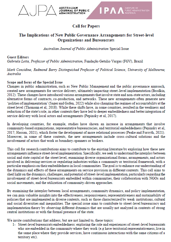 AusJPA's tweet image. 👉What are the implications of New Public Governance for street-level bureaucrats and organisations?

📢@gabilotta &amp;amp; Mark Considine invite contributions for their Guest-edited Special Issue @AusJPA 

The deadline: October 1, 2023

For more details👇

onlinelibrary.wiley.com/pb-assets/asse…