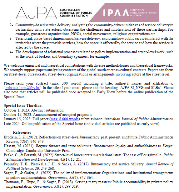 AusJPA's tweet image. 👉What are the implications of New Public Governance for street-level bureaucrats and organisations?

📢@gabilotta &amp;amp; Mark Considine invite contributions for their Guest-edited Special Issue @AusJPA 

The deadline: October 1, 2023

For more details👇

onlinelibrary.wiley.com/pb-assets/asse…