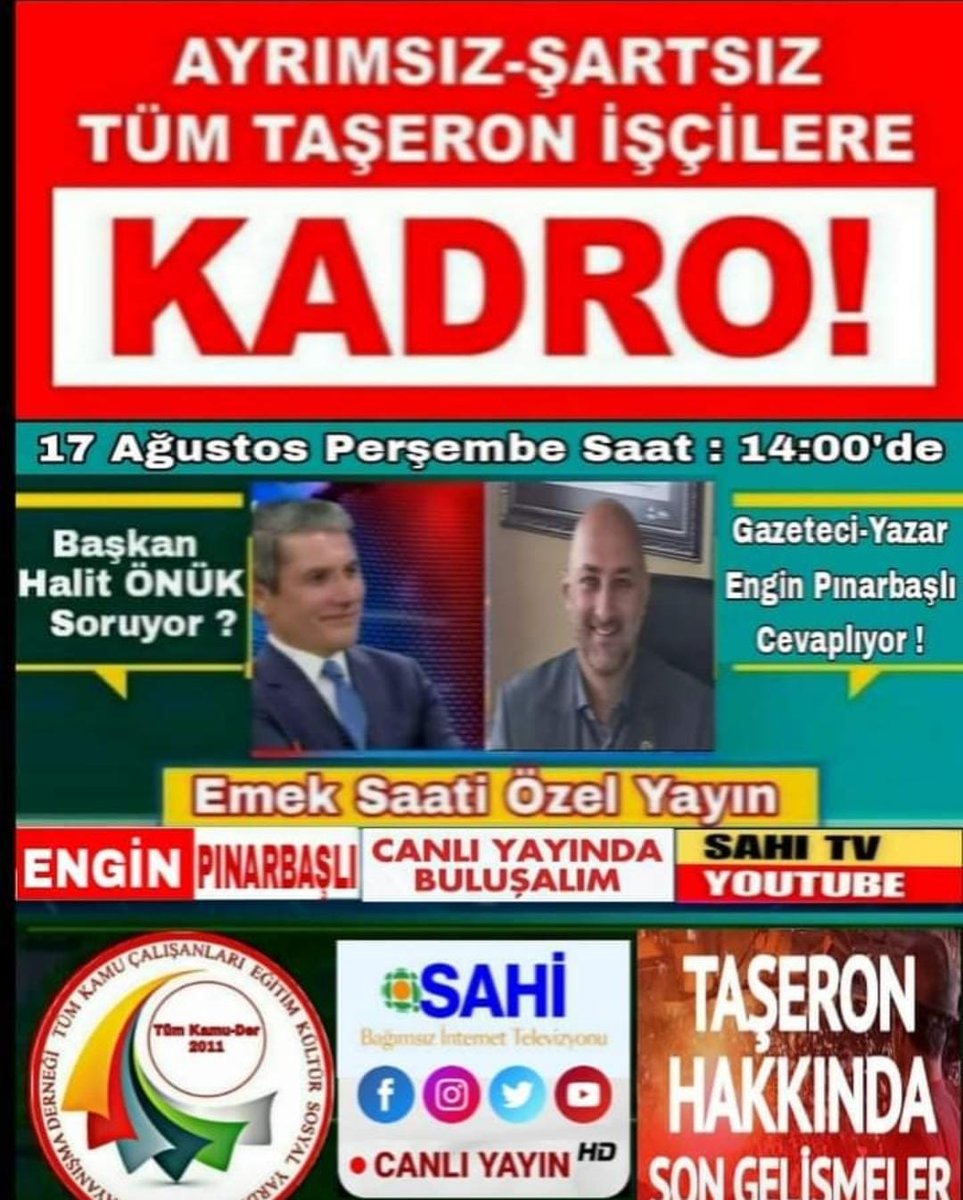 enginpnrbsli's tweet photo. Başkan @halitnk1 soruyor , #Taşeron hakkında tüm bildiklerimi Saat 14.00 de SAHİ TV de yanıtlıyorum.

Tüm Dostlarımı İzlemeye Davet Ediyorum. https://t.co/qQduxvZmcX