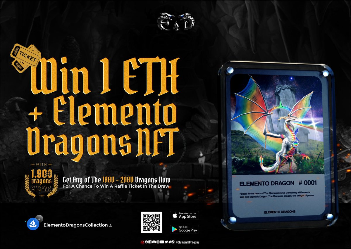 ElementoDragons's tweet photo. How to enter the 1 ETH raffle;

🐉 Mint an Elemento Dragons NFT 
- Each mint between #1800 and #2000 will be YOUR entree ticket 

🐉 More Dragons minted = Higher chance of winning, each Elemento Dragon you mint has a 0.05% chance of winning 

🐉Upon the 2000th mint, we will spin the wheel during our weekly Sunday Funday event.

Congratulations! You've made it halfway through, we've got more in store for you further down this thread.

What's next?

💎 Eligor's Chest Unearthed 💎

Behold the grand treasures of Eligor!

For each Elemento Dragon minted, the minter will also receive minting shards on Discord, now what is the purpose of these shards?

Here's a quick rundown;
💎 Shards are utilised as a key to open Minting Chests

💎Minting Chests holds various treasures:
- Free Elemento Crystal NFTs
- Elemento Merchandise 
- Mint rebates, partial or full
- $ED tokens, Discord XP, Raffle Tickets for a physical 3D printed and hand-painted Dragon 

🚨 A BRIEF NOTICE! 🚨

The required number of shards can occasionally vary!

Right now, to open a Minting Chest it requires 1 (one) Minting Shard, however! This can increase and decrease during special events.

🎉 Congratulations! 
You have made it through the thread, come and fancy yourself a mint or join the community. 

https://t.co/hUU8TXlVRi 

Asking questions about us is appreciated, suggestions made in our Discord are also welcomed ❤️

https://t.co/xsLUEtdvFW