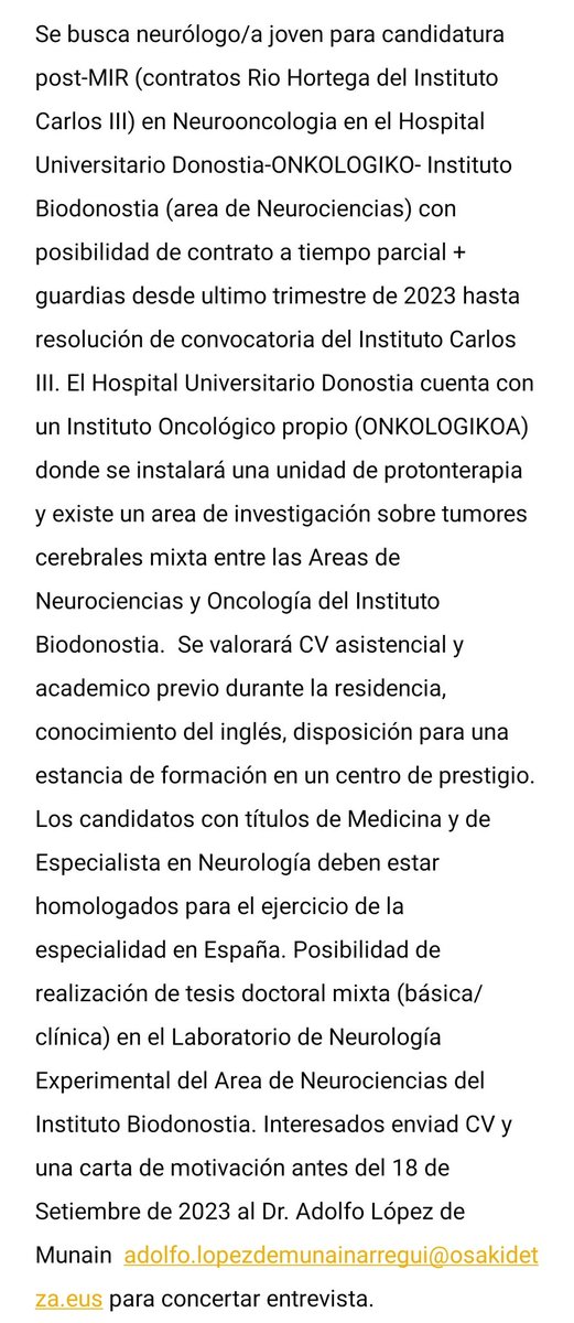 NeuroDonostia's tweet photo. Estamos ofertando 3 plazas de Neurología en el Hospital Universitario de Donostia. Interesados/as pueden enviar su CV y carta de motivación al Dr. Adolfo López de Munain. Toda la información de los perfiles y contacto en las imágenes:
#neurologia @osakidetzaEJGV
@DonostiakoOsp https://t.co/CBj2kNf1xy
