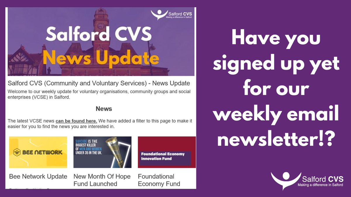 This afternoon (and every Thursday afternoon) we will be sending out our latest email News Update. 
Make sure you are signed up to get Voluntary, Community and Social Enterprise Sector news, events, training, research, jobs and volunteering opportunities!

lght.ly/7po0i5f
