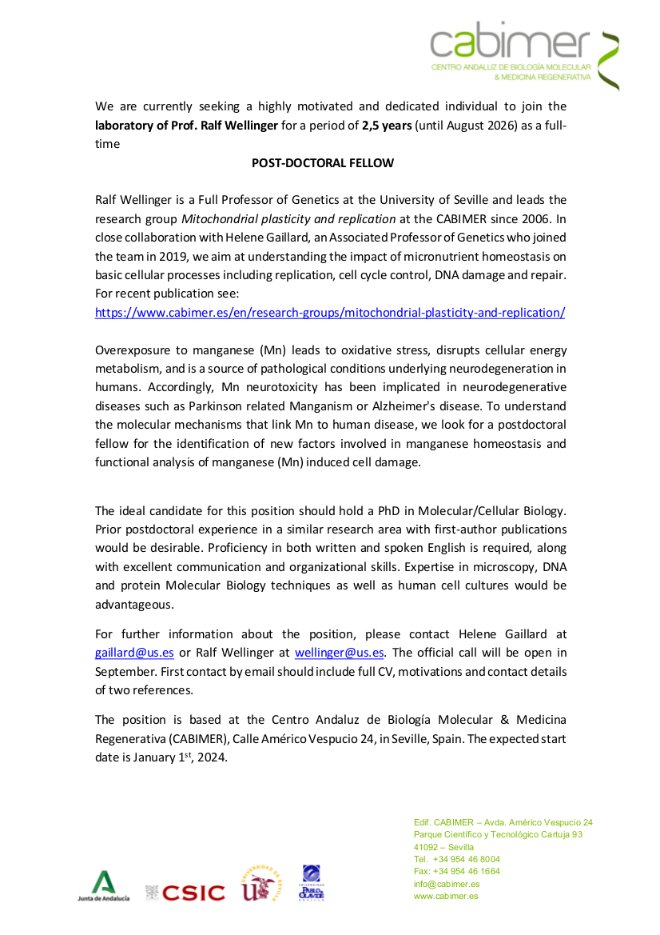 LabRalf's tweet image. We are seeking a POST-DOCTORAL FELLOW to join the WELLINGER LAB @cabimer for a funded period of 2,5 years (until August 2026). Description and further details in the attached document.
