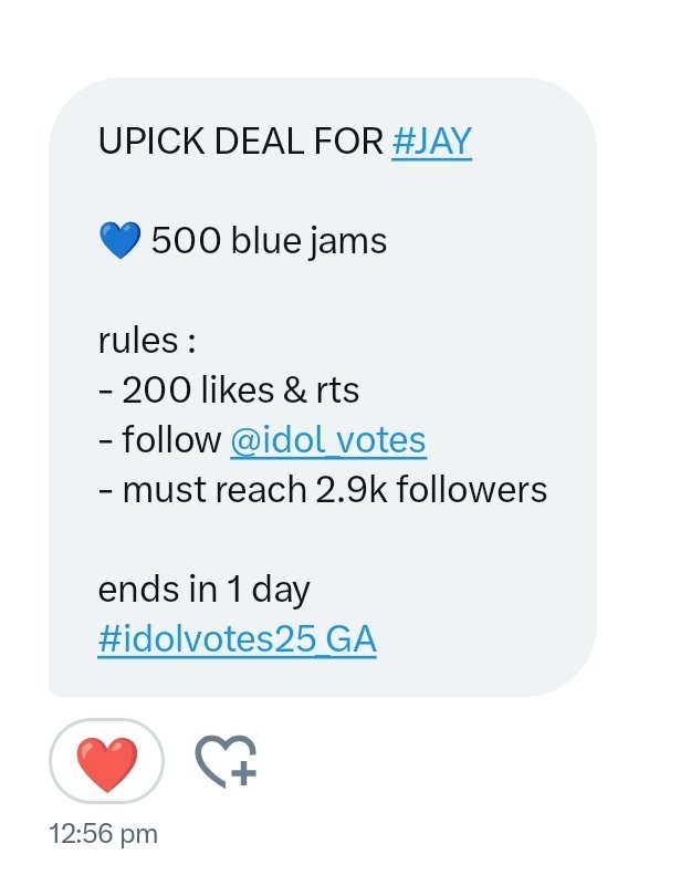 UPICK DEAL FOR #JAY 

💙 500 blue jams

rules :
- 200 likes &amp; rts 
- follow @idol_votes
 - must reach 2.9k followers

ends in 1 day 
#idolvotes25_GA

#ENFuelUp #ENVOOSTERS