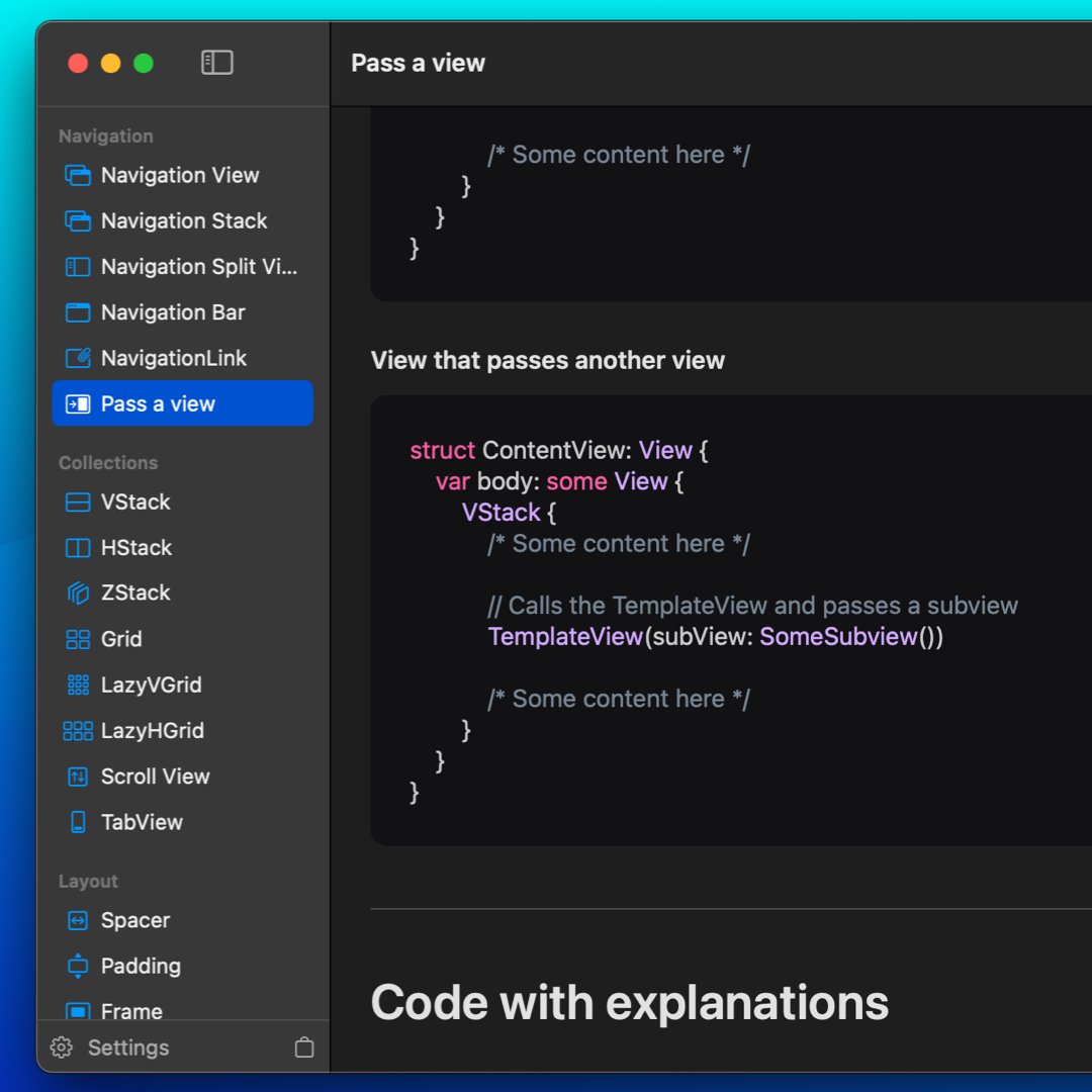 SwifterDev's tweet photo. 🆕 Learn how to pass a view to another view in SwiftUI thanks to Swifter.

👉 Download the app: https://t.co/WPo4tVT91I

#swift #swiftui #swiftuitutorials #swifttutorials #xcode #iosdev #iosdeveloper #iosdevelopment #macdev #uidesign https://t.co/MkmtEFT5Pu