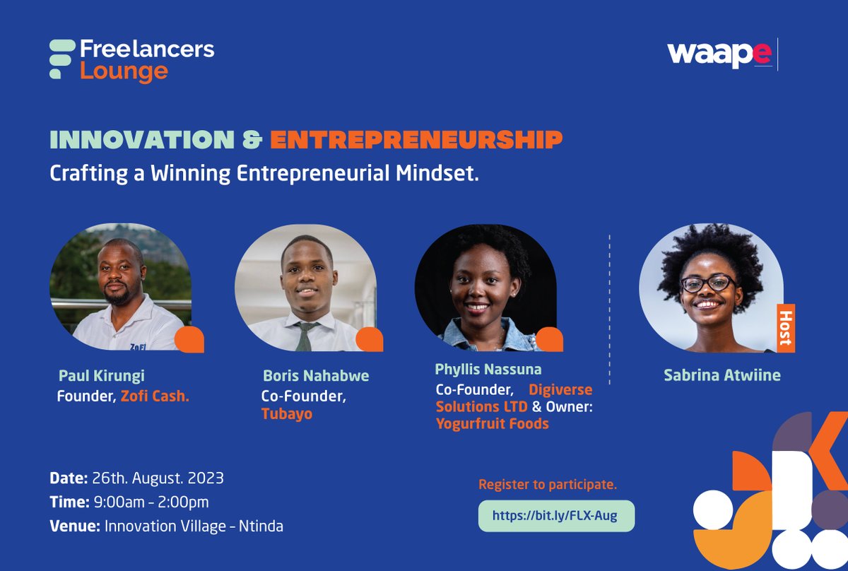 Join us at this months freelancers lounge at  @thevillageUG as we have conversations about innovation and entrepreneurship with <a href="/KirungiPaul/">Paul Kirungi</a> <a href="/boris_nahabwe/">Mugisha Boris Nahabwe</a> <a href="/PNassuna/">Phyllis Nassuna</a> and @SabrinaWorth4  🚀🚀 #Entrepreneurship #Innovation