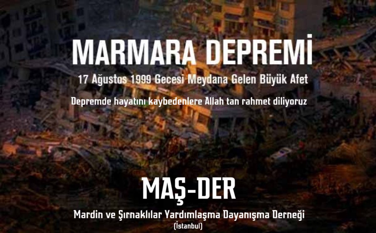1999 Marmara depreminin 24.Yıl dönümünde Hayatını kaybedenlere ALLAH tan rahmet diliyoruz.
Rabbim böyle acılara bir daha ülkemize milletimize yaşatmasın.
#marmaradepremi #deprem