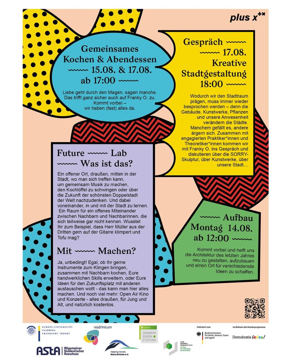 SaskiaHeller3's tweet image. Seit Montag läuft schon das #FutureLab in #FrankfurtOder - eine urbane Intervention die bereits zum 2. Mal stattfindet. Es gibt Events, Mitmachaktionen &amp;amp; die Community ist mehr als dankbar diesen (Sommer)Ort der Begegnung zu haben.

Kommt vorbei! 😎

#Demokratieleben