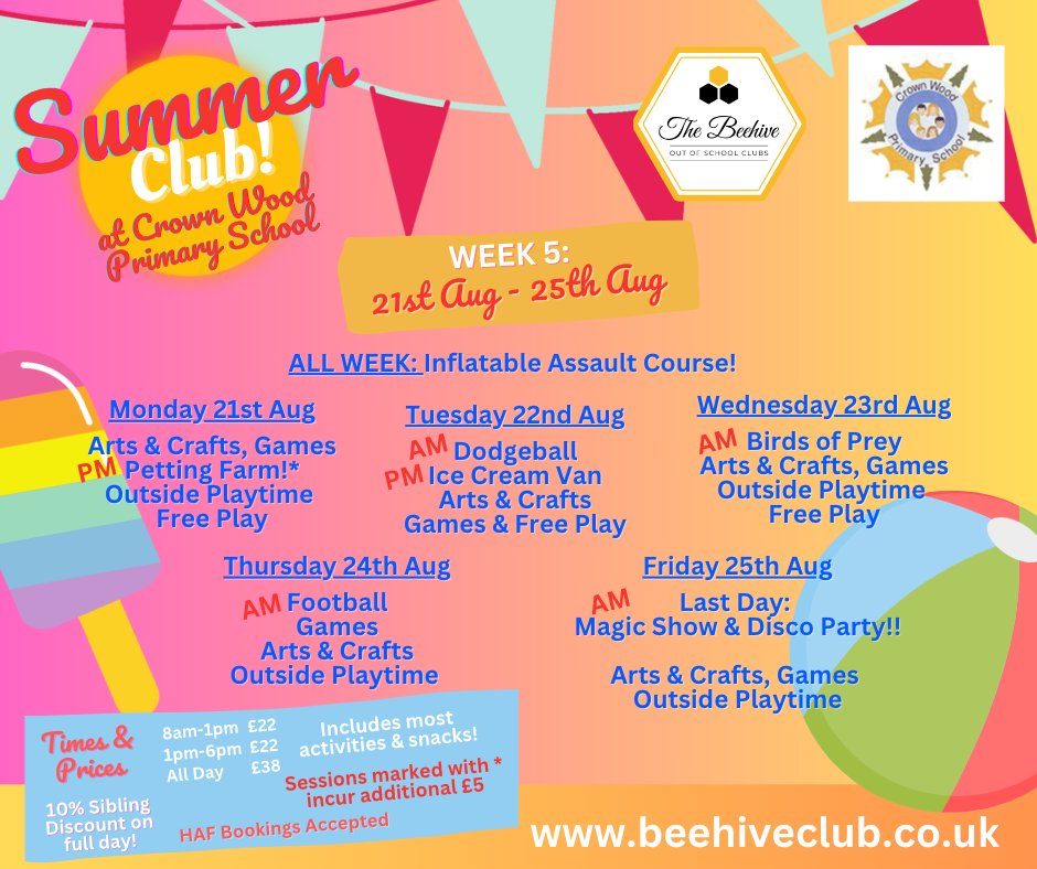 BeehiveOf's tweet photo. Week 5 of our #SummerHolidayClubs starts tomorrow, Mon 21st Aug and we can't quite believe that this is our last week.....but, what a week we have planned for your children!
For info, to register and book, please visit: https://t.co/NIhEo3eS1B https://t.co/0hw6Fh8Ivm
