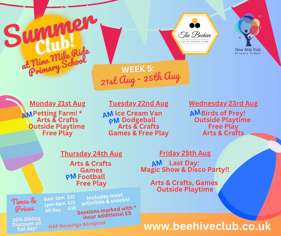 Week 5 of our #SummerHolidayClubs starts tomorrow, Mon 21st Aug and we can't quite believe that this is our last week.....but, what a week we have planned for your children! For info, to register and book, please visit: beehiveclub.co.uk/holidayclubs