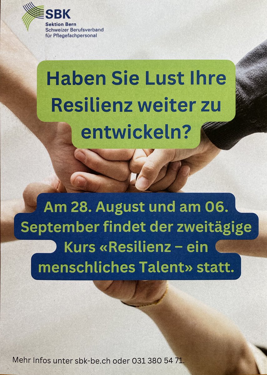 Der Alltag in der Pflege ist nicht immer einfach. Darum ist es wichtig seine Resilienz Fähigkeiten zu stärken. 
Der #sbkbern bietet Ihnen die Möglichkeit Ihre Resilienz zu stärken. Hier finden Sie alle Informationen:
sbk-be.ch/de/weiterbildu…