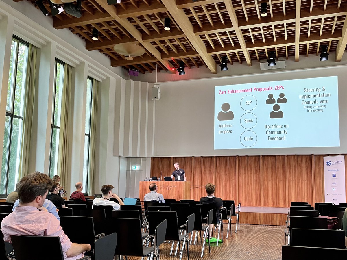 Jonathan Striebel is discussing Zarr and its evolution from a Python implementation to a thriving ecosystem in recent years. Zarr is an API and data storage format for n-dimensional arrays. #EuroSciPy2023 #zarr