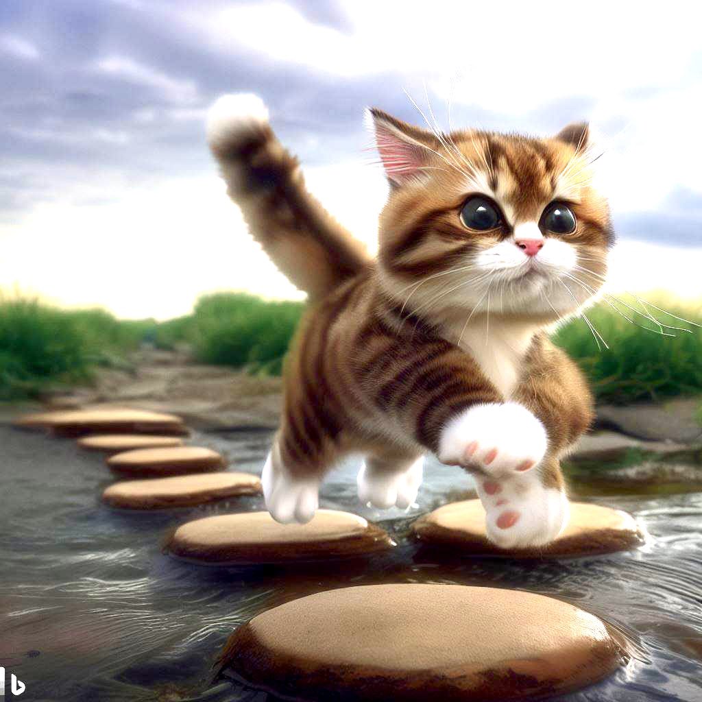 hiroshikuze's tweet photo. Stepping stones jump like this!
飛び石はこうやって跳ぶ！

#bingimagecreator #AIart #cat #Catart #illustration #子猫 #kitten #河川敷 #飛び石 #跳び猫 #riverbed #stepping_stones #jumping_cat

https://t.co/VUeKUq6FOP https://t.co/Q9Fs24Tagh