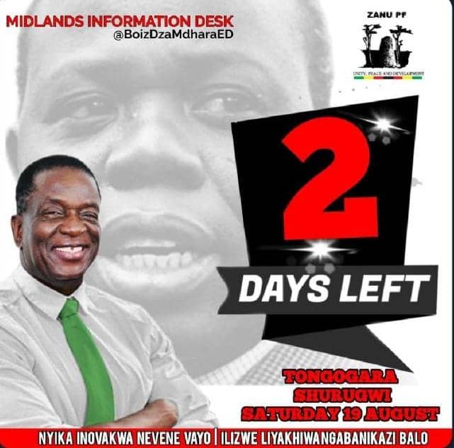 On August 19th,  ZANU-PF MidlandsProvince will welcome ZANU-PF'S 1st Secretary,  Cde @edmnangagwa at Tongogara Business Center.  On this very day, Midlands people shall celebrate the lives and legacies of the departed gallant sons.

#TeamZanuPF 
#NyikaInovakwaNeveneVayo 
#VotED