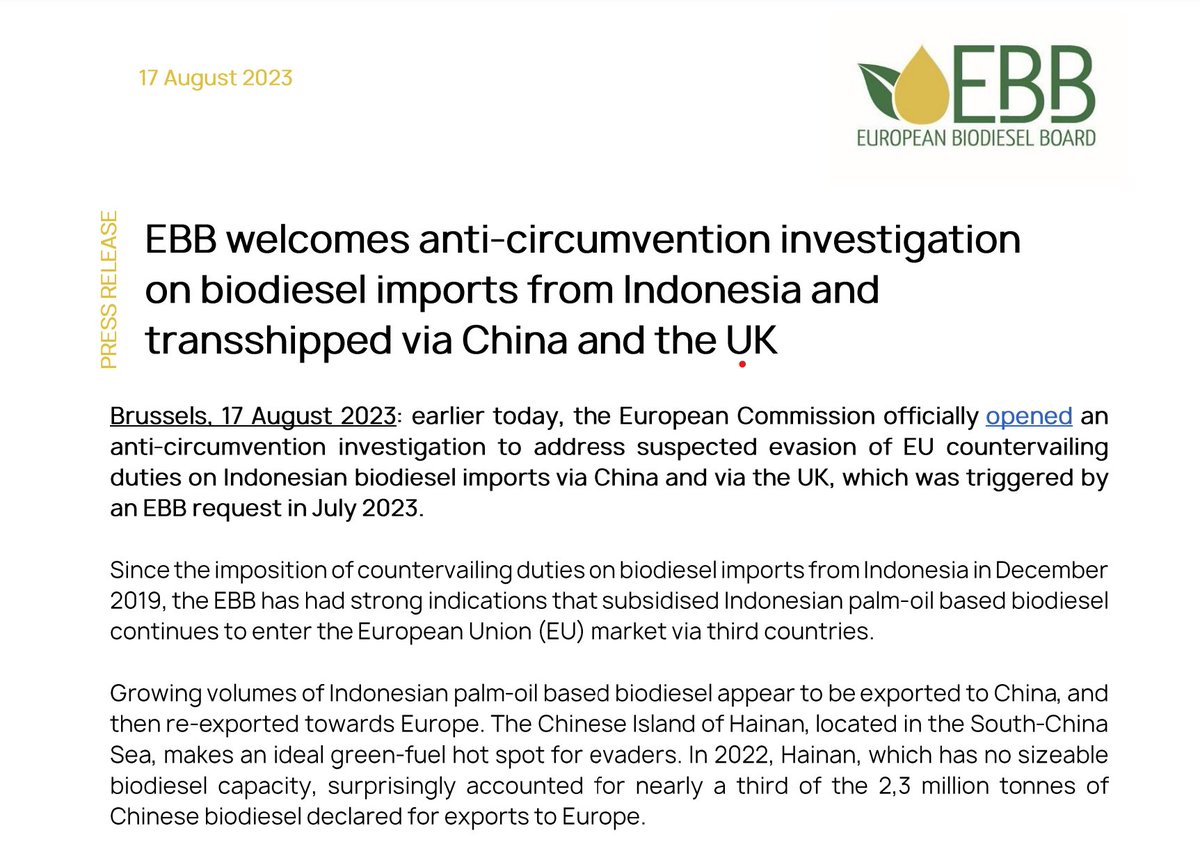 We welcome today's <a href="/EU_Commission/">European Commission</a> <a href="/Trade_EU/">EU Trade 🇪🇺</a> official opening of an anti-circumvention investigation on #biodiesel imports from #Indonesia and transshipped via #China &amp; the #UK, triggered by an EBB request from July 2023.

#Trade #FairTrade #biofuels #duties

See here our