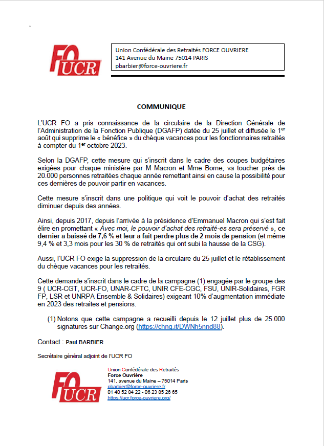 force_ouvriere's tweet photo. [#Communiqué UCR-FO] Suppression du chèque vacances des fonctionnaires retraités : l'UCR FO exige son rétablissement ⬇️
#chequevacances #fonctionnaires #retraités https://t.co/xfJWriRzgg