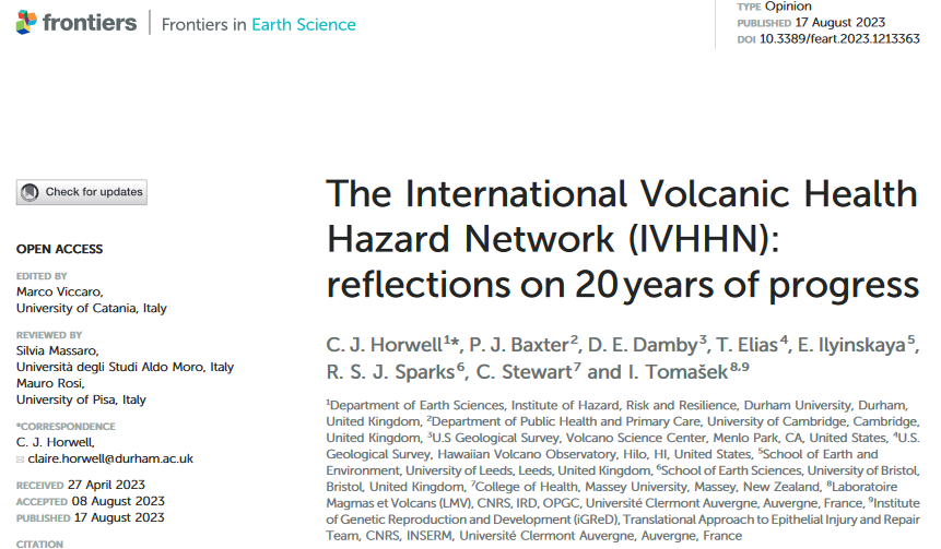20 years ago, Steve Sparks &amp; I founded the International Volcanic Health Hazard Network (ivhhn.org). The #IVHHN team are very proud to have published an 'anniversary' article which reflects on 20 years of progress! frontiersin.org/articles/10.33… With <a href="/EIlyinskaya/">Dr. Evgenia Ilyinskaya</a> <a href="/ITomasek/">Ines Tomasek</a>