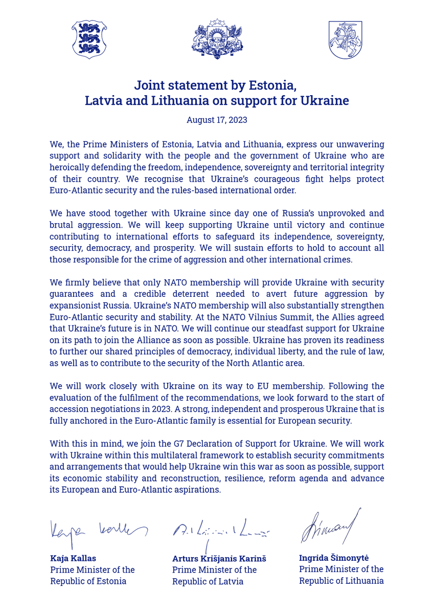 Estonia, together with Lithuania and Latvia, joins the #G7 declaration of support for Ukraine.

We will keep helping #Ukraine until victory. We will support Ukraine on its path towards NATO and EU membership.

Full joint statement with <a href="/krisjaniskarins/">Krišjānis Kariņš</a> and <a href="/IngridaSimonyte/">Ingrida Šimonytė</a> ⬇️