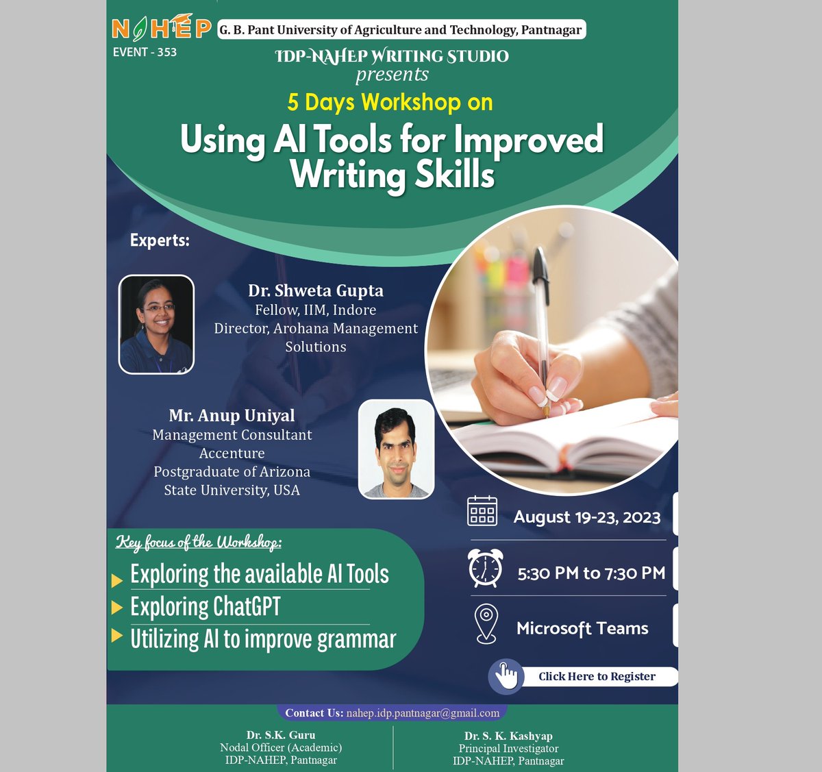 IDP_Pantnagar's tweet photo. IDP NAHEP Writing Studio presents 5 Days workshop on Using AI Tools for Improved Writing Skills

Date: 19-23 August 2023
Time: 05:30 PM to 07:30PM
Venue: MS Teams

Registration Link: https://t.co/bfq9W7vJQS https://t.co/A9p54XHbTP