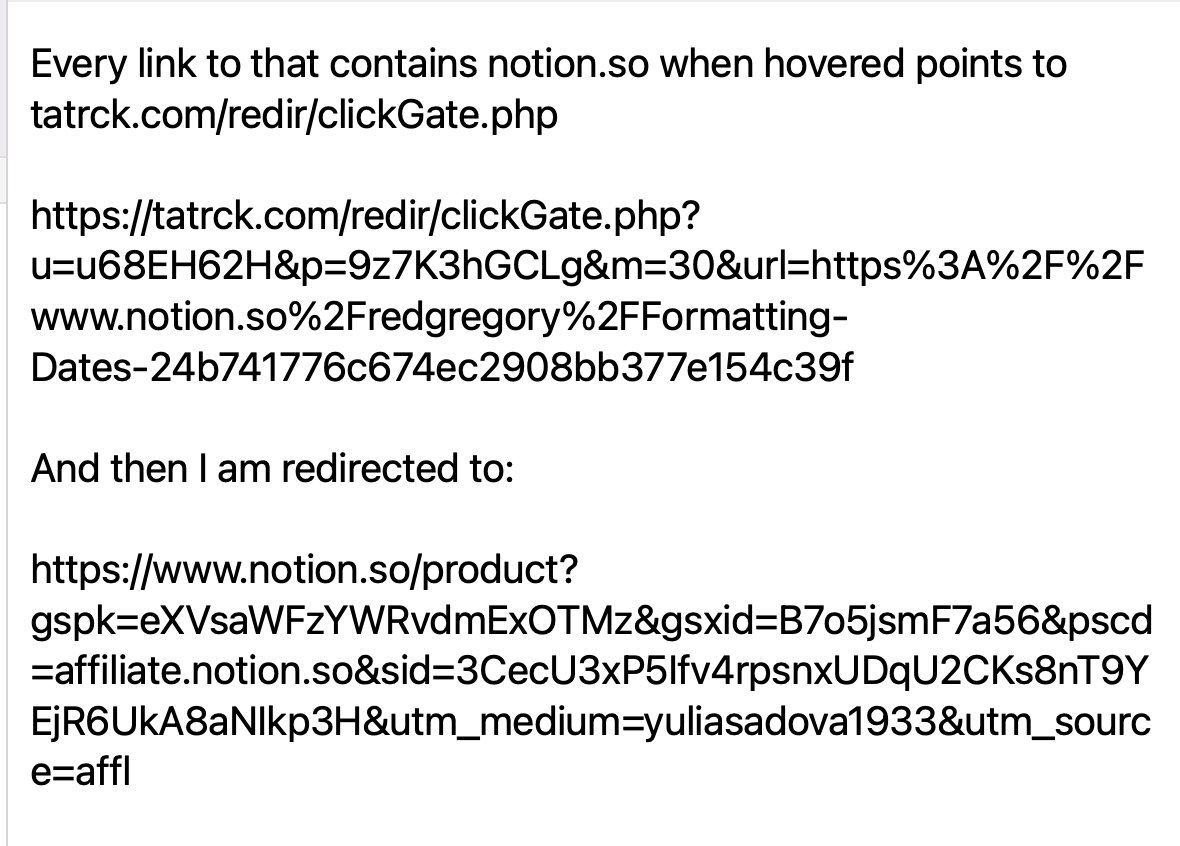 Bovelett's tweet image. Affiliate scam! One of my browser extensions turns every link that contains notion.so into a redirect with an affiliate link to @NotionHQ homepage. How can I find out which extension it is without having to uninstall / reinstall each one, I have so many! 😱