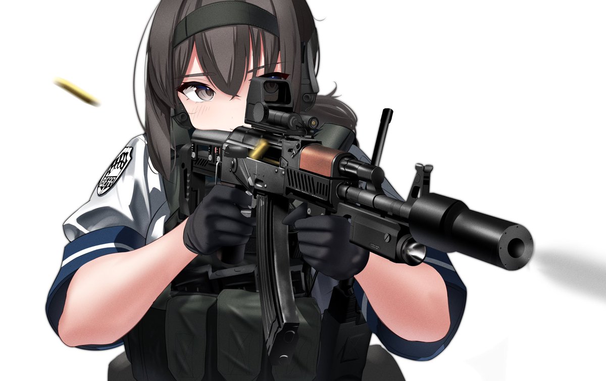 1girl weapon solo gun gloves shell casing holding weapon  illustration images