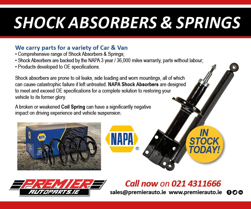 PartsLimited's tweet photo. We carry #NAPA Shock Absorbers &amp; Springs for a variety of Car &amp; Van applications! Call now on 021 4311666 or email sales@premierauto.ie https://t.co/4I2iPFxC46