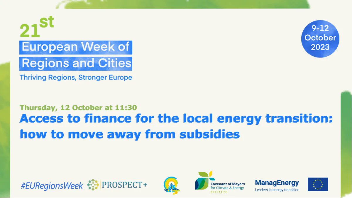 FEDARENE (@fedarene) on Twitter photo Join us at #EURegionsWeek for a workshop by #H2020PROSPECT, <a href="/EU_ManagEnergy/">ManagEnergy</a>, <a href="/EUSmartCities/">Smart Cities Marketplace</a> & <a href="/eumayors/">Covenant of Mayors - Europe</a>! Discover how cities & regions can fast-track energy transition.
📍Oct 12, Brussels
Learn innovative financing strategies and bid farewell to subsidies: bit.ly/45yi2OS Join us at #EURegionsWeek for a workshop by #H2020PROSPECT, <a href="/EU_ManagEnergy/">ManagEnergy</a>, <a href="/EUSmartCities/">Smart Cities Marketplace</a> & <a href="/eumayors/">Covenant of Mayors - Europe</a>! Discover how cities & regions can fast-track energy transition.
📍Oct 12, Brussels
Learn innovative financing strategies and bid farewell to subsidies: bit.ly/45yi2OS