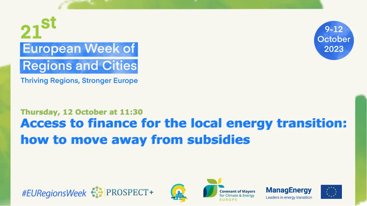 Join us at #EURegionsWeek for a workshop by #H2020PROSPECT, @EU_ManagEnergy, @EUSmartCities & @eumayors! Discover how cities & regions can fast-track energy transition.
📍Oct 12, Brussels
Learn innovative financing strategies and bid farewell to subsidies: bit.ly/45yi2OS