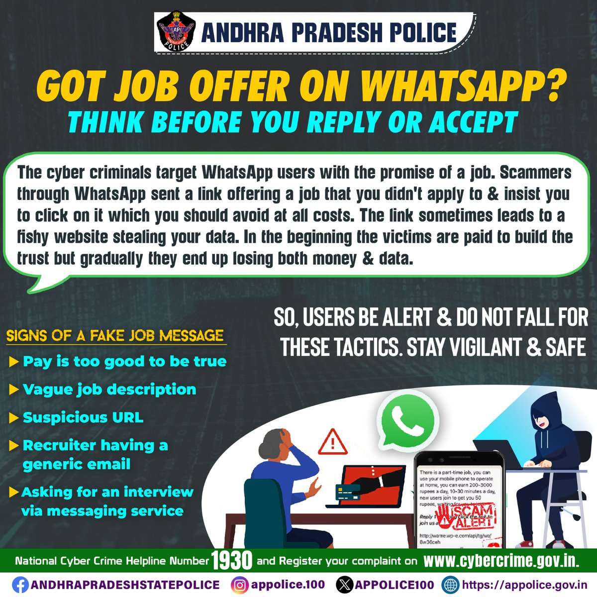 Be alert! 
#Jobfraud 
#cybercrimeawareness
#FraudAlert 
#CyberSecurity