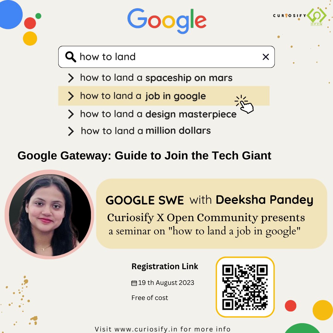 UpesOpen's tweet photo. Join an exclusive seminar with Google Software Engineer, Deeksha Pandey, on Aug 19. Gain key tech job insights, interview mastery, and career tips. Scan QR code for registration. Don't miss out! #TechCareerJourney #GoogleSeminar https://t.co/TqNGIwwa73