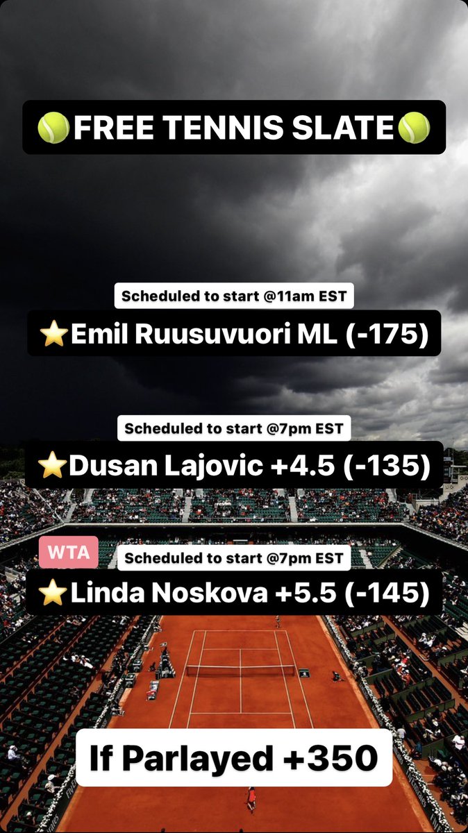 TheLocksOTD's tweet photo. 🎾FREE TENNIS SLATE🎾

🔥LETS STAY HOT🔥

⭐️Emil Ruusuvuori ML (-175)

⭐️Dusan Lajovic +4.5 (-135)

⭐️Linda Noskova +5.5 (-145)

#Tennis #TennisPicks #GamblingTwitter #Gambling #Betting #TennisBets #ATP #CincinattiOpen #WTA #Guaff #Swiatek #Djokovic #Alcaraz https://t.co/XtuhiCdtCg