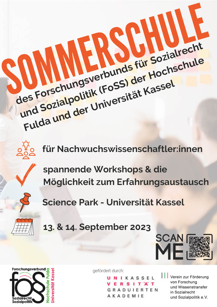 Wir melden uns aus der Sommerpause zurück 🏖️☀️und erinnern an unsere FoSS-Sommerschule für Promovierende und Promotionsinteressierte im  #Sozialrecht und der #Sozialpolitik.
📅 13.09.-14.09.2023
📍Science Park, Universität Kassel 
➡️ Anmeldungen: nicola.diedrich@sk.hs-fulda.de