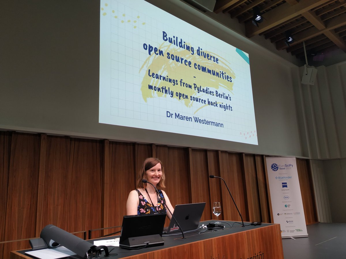 Great talk from @MarenWestermann on monthly open source hack nights and building diverse open source communities. @EuroSciPy #EuroScipy23 #Basel