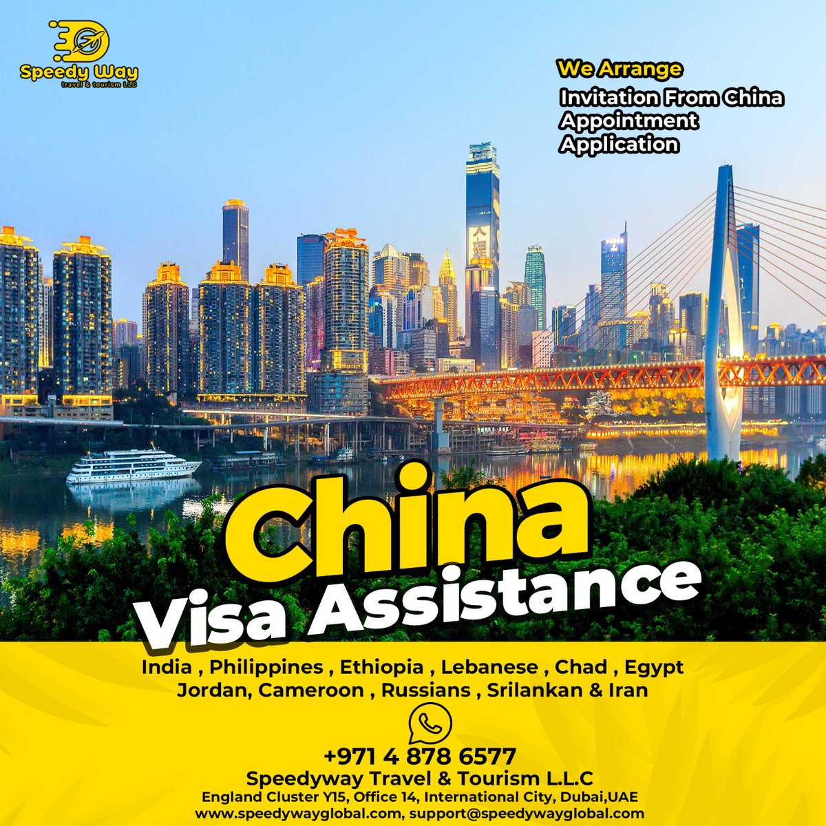 China Visa Assistance 

For 🇮🇳India , 🇵🇭Philippines , 🇪🇹Ethiopia , 🇱🇧Lebanese , 🇹🇩Chad , 🇪🇬Egypt , 🇯🇴Jordan, 🇨🇲Cameroon & 🇷🇺Russians,🇱🇰 Sri Lankan & 🇮🇷Iran 

#speedywaytravels #speedywayglobal #China #chinavisa #tourist