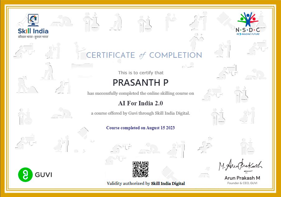prasanth0821's tweet photo. 🥳Happy to share that I've earned a verified certificate of completion for successfully conquering the online upskilling course, "𝑨𝑰 𝑭𝑶𝑹 𝑰𝑵𝑫𝑰𝑨 2.0". This transformative journey was made possible by the collaboration between @guviofficial, @NSDCINDIA, &amp; @MSDESkillIndia. https://t.co/cAd9JSEfd7