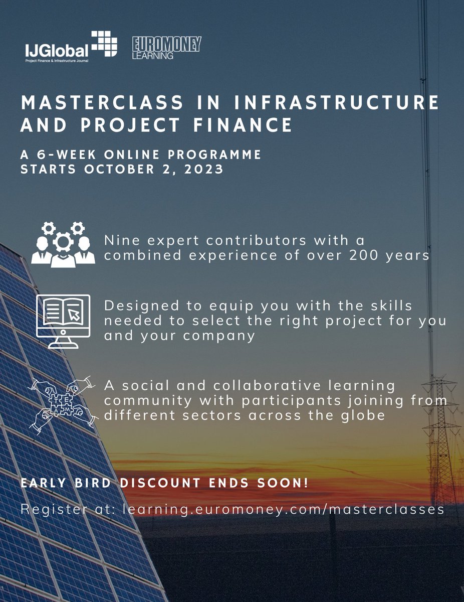 ⏰ Final reminder: Our early bird discount for the IJGlobal Masterclass in Infrastructure and Project Finance is ending tomorrow, August 18. Don't miss out on your chance to save £300. Register here: spr.ly/6015PcFtD