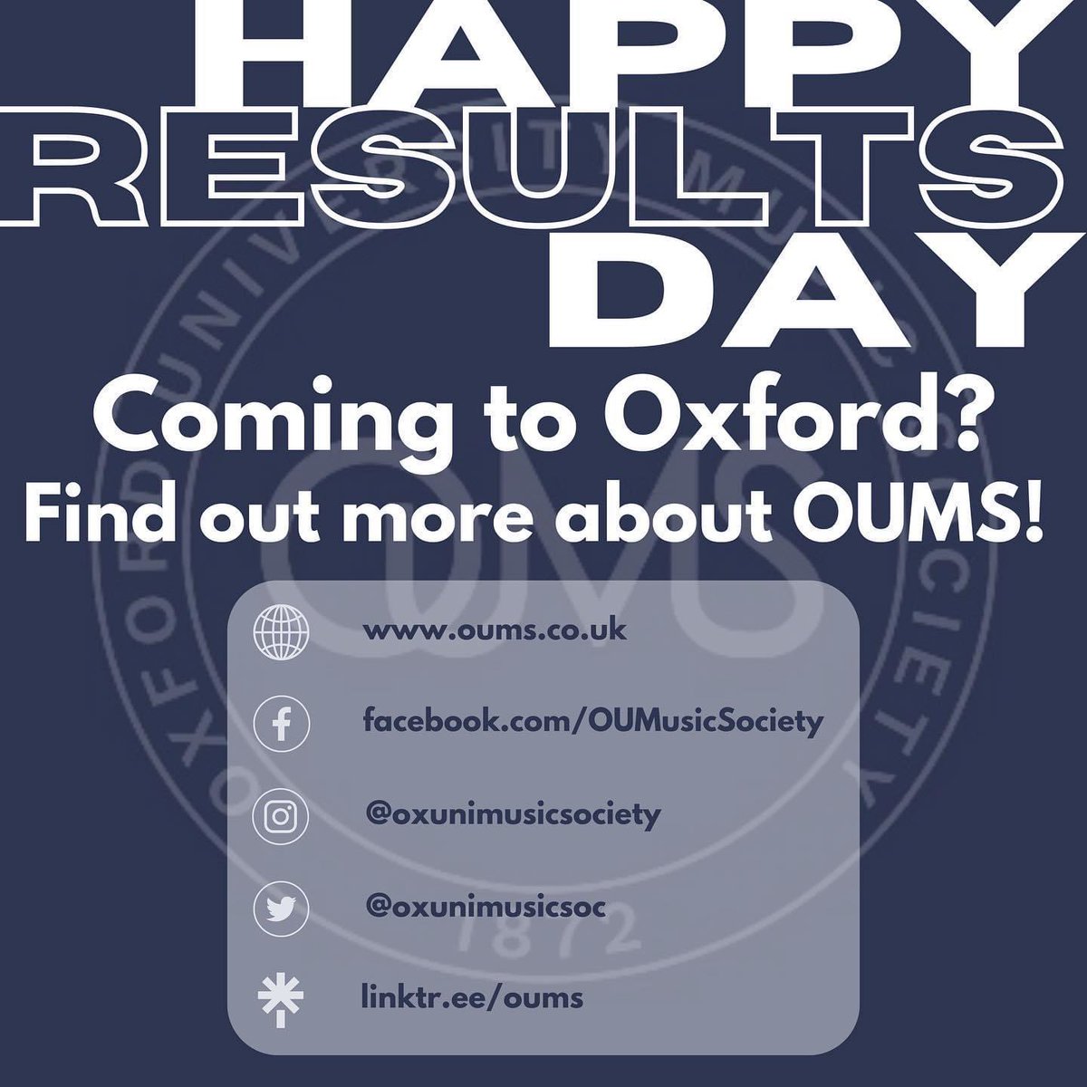 🎉 HAPPY RESULTS DAY! 🎉

Whether you’re an incoming music student, or just want to be a part of music at Oxford, OUMS is here for you.

Feel free to follow OUMS across our social media platforms to learn about what we do!

#GoingToOxford #ResultsDay #ALevels2023