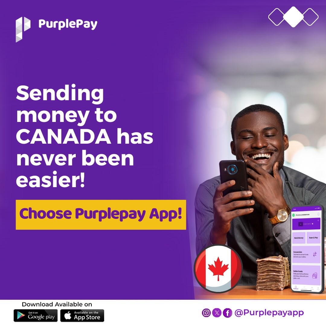 Purplepay_app's tweet image. Why stress when you can send Funds to Canada 🇨🇦 from the comfort of your home? Take our word for it, Use Purplepay Payment request! 

#purplepay #purplepayapp #sendmoneyabroad #canada #canada🇨🇦