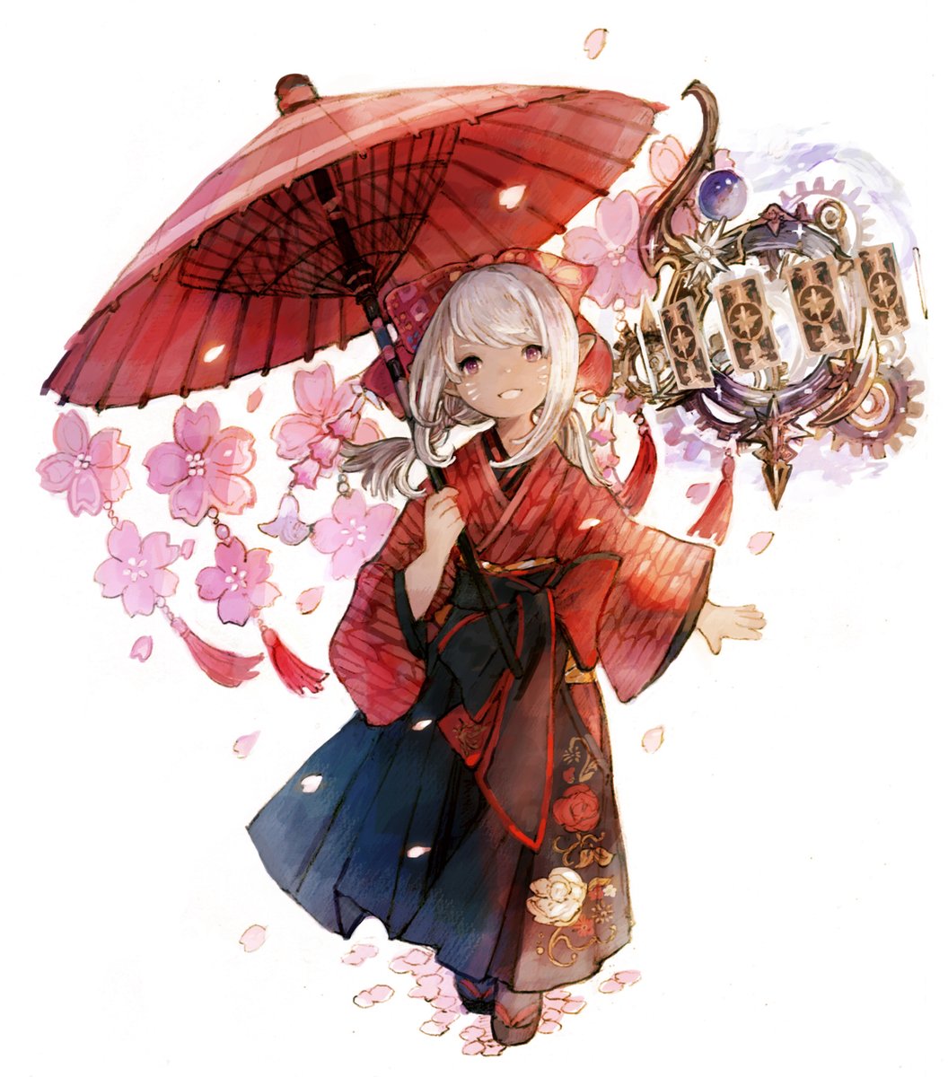1girl solo lalafell umbrella oil-paper umbrella japanese clothes smile  illustration images