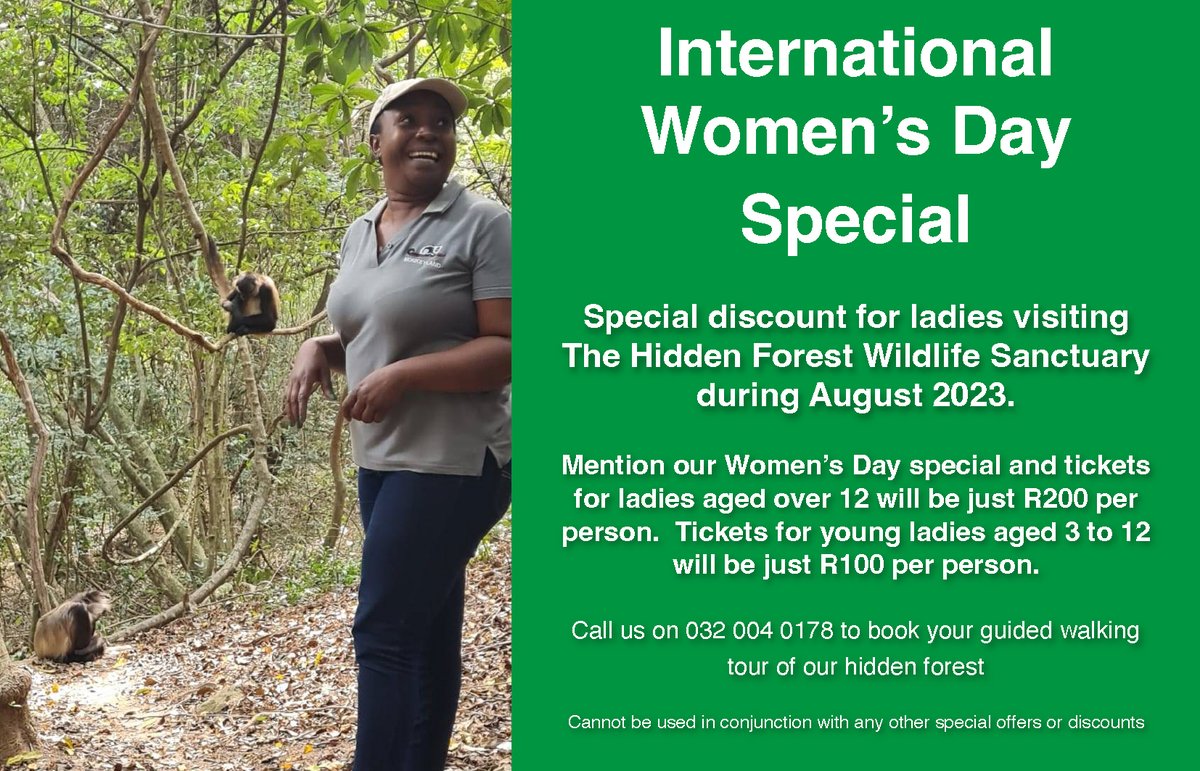 HiddenForestKZN's tweet photo. There's still time to celebrate the amazing ladies in your life on our Women's Day special which is running until the end of this month.
Please remember to quote the special in order to qualify.

#truesanctuary #cagefree #KZNHasItAll #openeveryday #dolphincoast #saasavisit https://t.co/KjgLMB587t