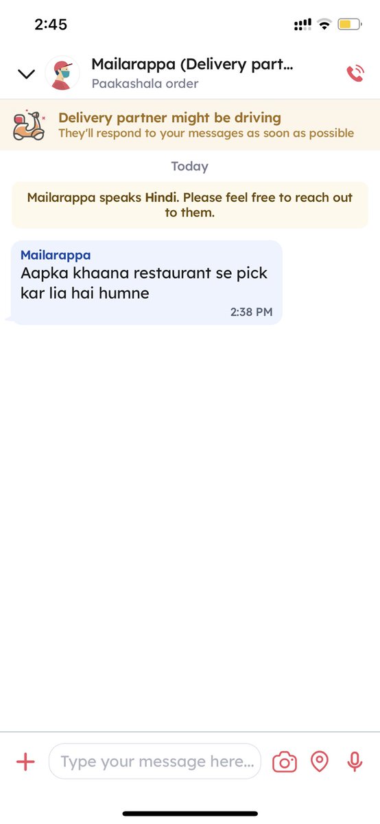 MurthySanjeev's tweet photo. @zomato Why do we have to communicate in Hindi even though the delivery person and I are both from Bangalore and can speak Kannada?

When I spoke with the delivery person, they mentioned it’s an automated message. Why is this bias ?
Is this a special treatment for gold member’s? https://t.co/2k0VSsSw75