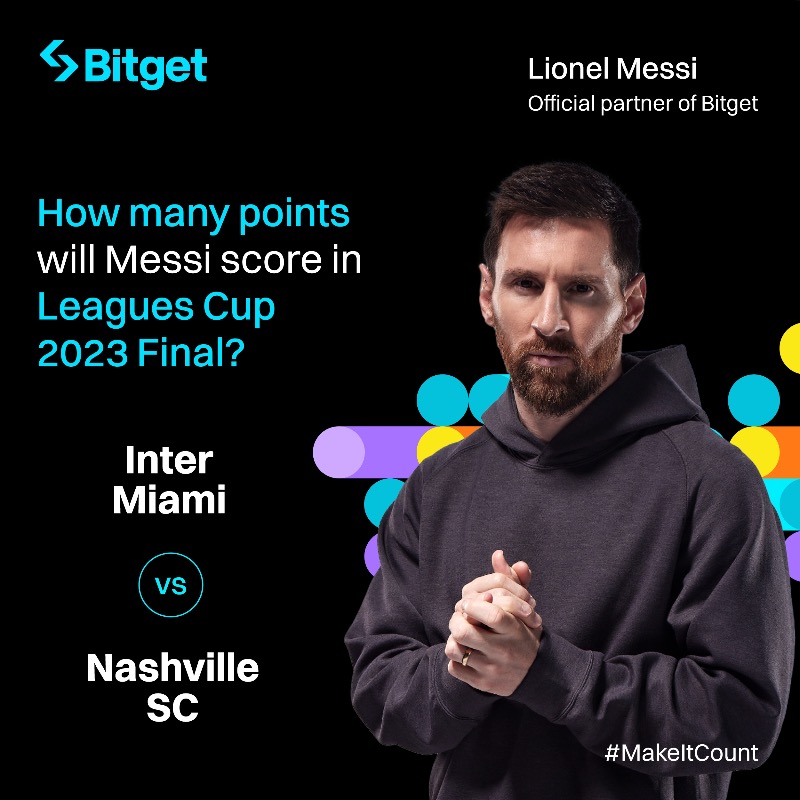bitget's tweet photo. In 9️⃣ hours, #Messi and @InterMiamiCF will face @NashvilleSC in the @LeaguesCup final match!

💪 Let's #MakeItCount by guessing how many points will Messi score for #InterMiamiCF.

👀Tune in and cheer for our 🐐!
 
⚽ ¡Vamos, #Messi!

#BitgetxMessi #Messi #GOAT