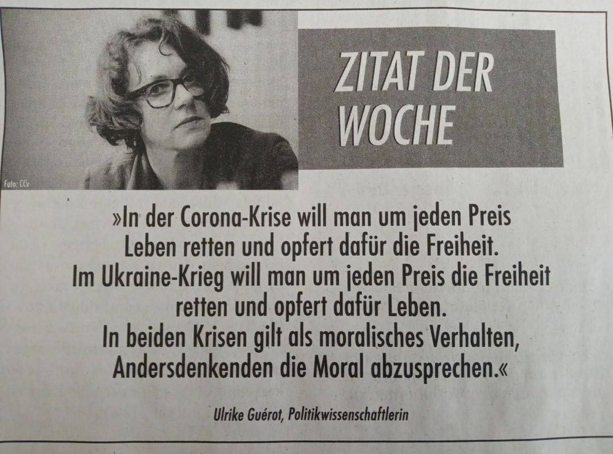 JeroenPols's tweet photo. Citaat van de week: "Tijdens de coronacrisis wilde men tegen elke prijs elk leven redden en daarvoor moesten we onze vrijheden opgeven. In de Oekraïneoorlog moet de vrijheid tegen elke prijs gered worden en offert daarvoor mensenlevens op. In beide crises is de morele norm om andersdenkenden als moreel verwerpelijk te beschouwen."