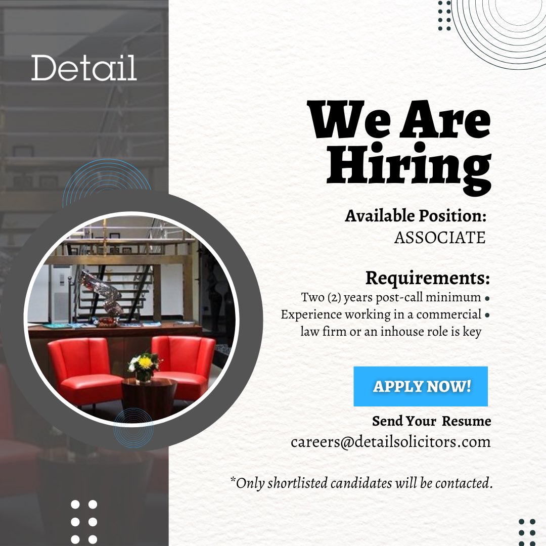 DETAILnigeria's tweet photo. We are hiring!

Send your CV to careers@detailsolicitors.com

Deadline: September 15, 2023. https://t.co/ebYvne376g