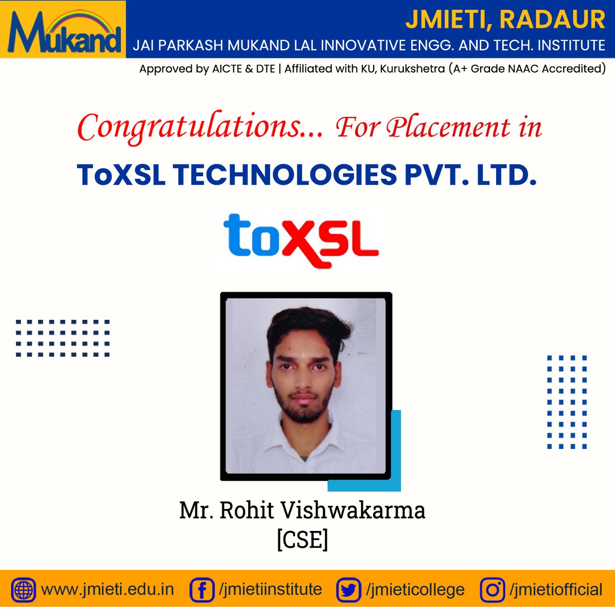 jmietiradaur's tweet photo. Congratulations Rohit on getting placed in #ToXSL Technologies Pvt. Ltd. and best wishes for a fulfilling career ahead.
#studentplaced #placementjmieti #jmietiplacement #cseplacementinjmieti #toxsl #jmieti https://t.co/2HVOqkWLPB