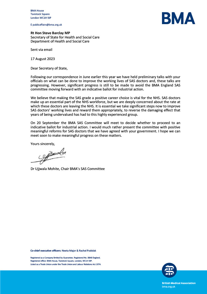 If the Government fails to address pay and working conditions for #SASdoctors, then we will move forward with an indicative ballot for industrial action in England.

Read the letter from our chair <a href="/drujjwalam/">Ujjwala Mohite</a> to <a href="/SteveBarclay/">Steve Barclay</a> 👇