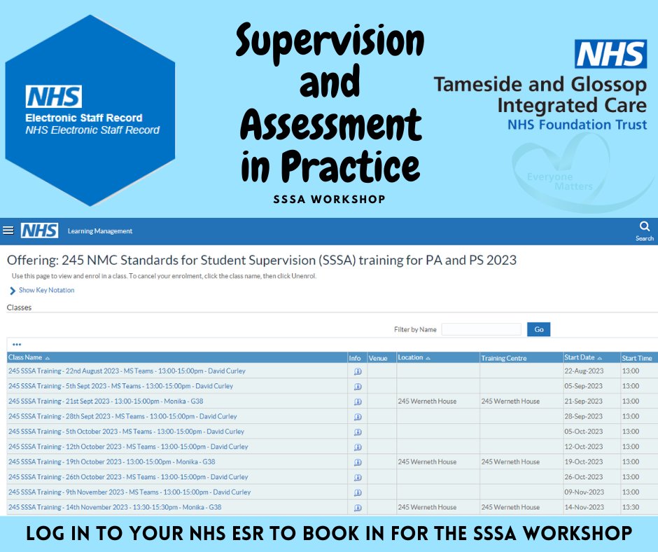 PEF Team at Tameside & Glossop ICFT (@pefteamtgicft) on Twitter photo You can now book the Supervision and Assessment in Practice (SSSA) Workshop through the ESR. Log in to your ESR using the following link:
shorturl.at/ehkmK
or email PEFTeam@tgh.nhs.uk to book your session
#TamesideNHS #TGHICFT #ESR #NHS #SSSA #PEFTeam You can now book the Supervision and Assessment in Practice (SSSA) Workshop through the ESR. Log in to your ESR using the following link:
shorturl.at/ehkmK
or email PEFTeam@tgh.nhs.uk to book your session
#TamesideNHS #TGHICFT #ESR #NHS #SSSA #PEFTeam