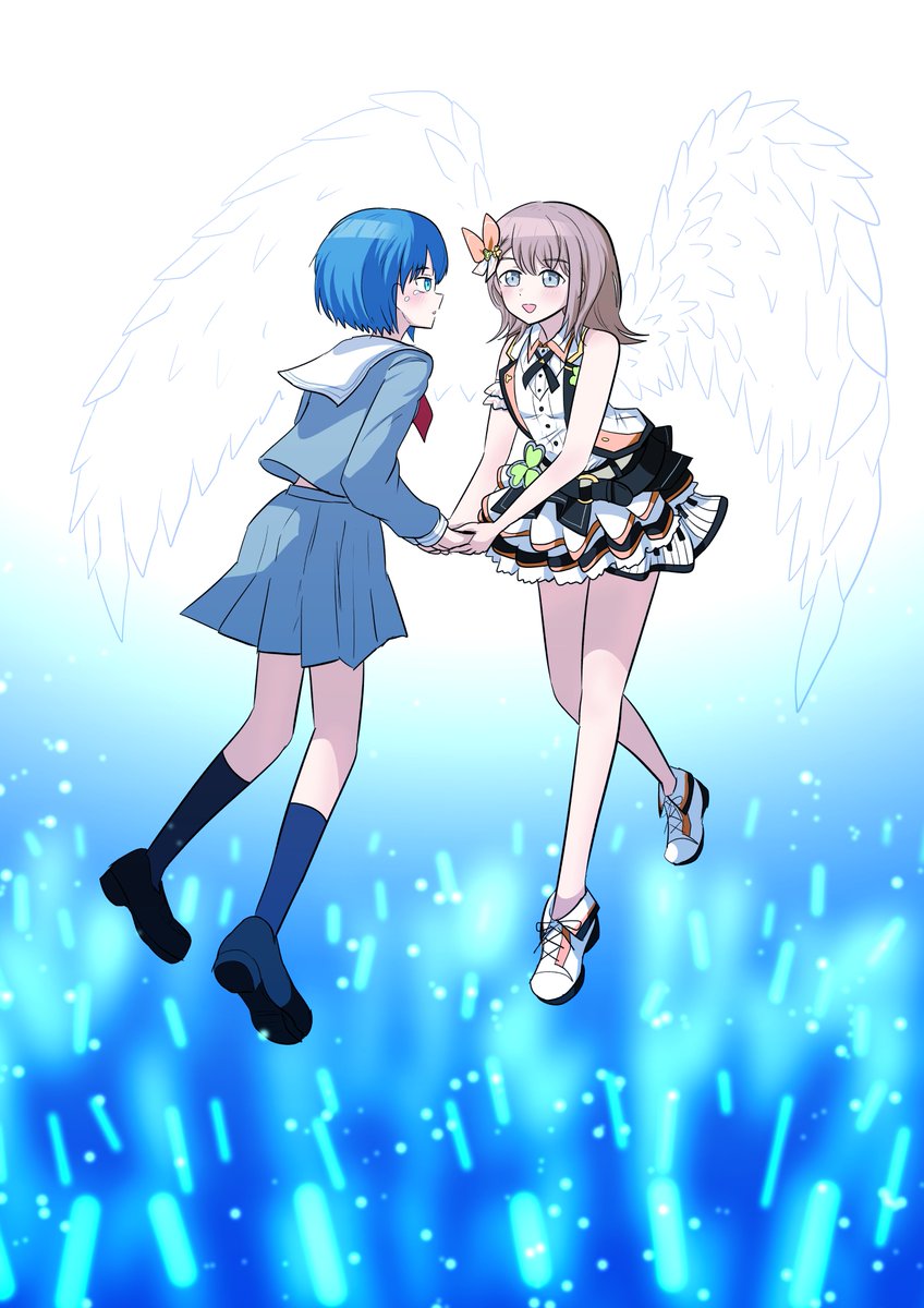 2girls multiple girls skirt wings blue hair looking at another socks  illustration images