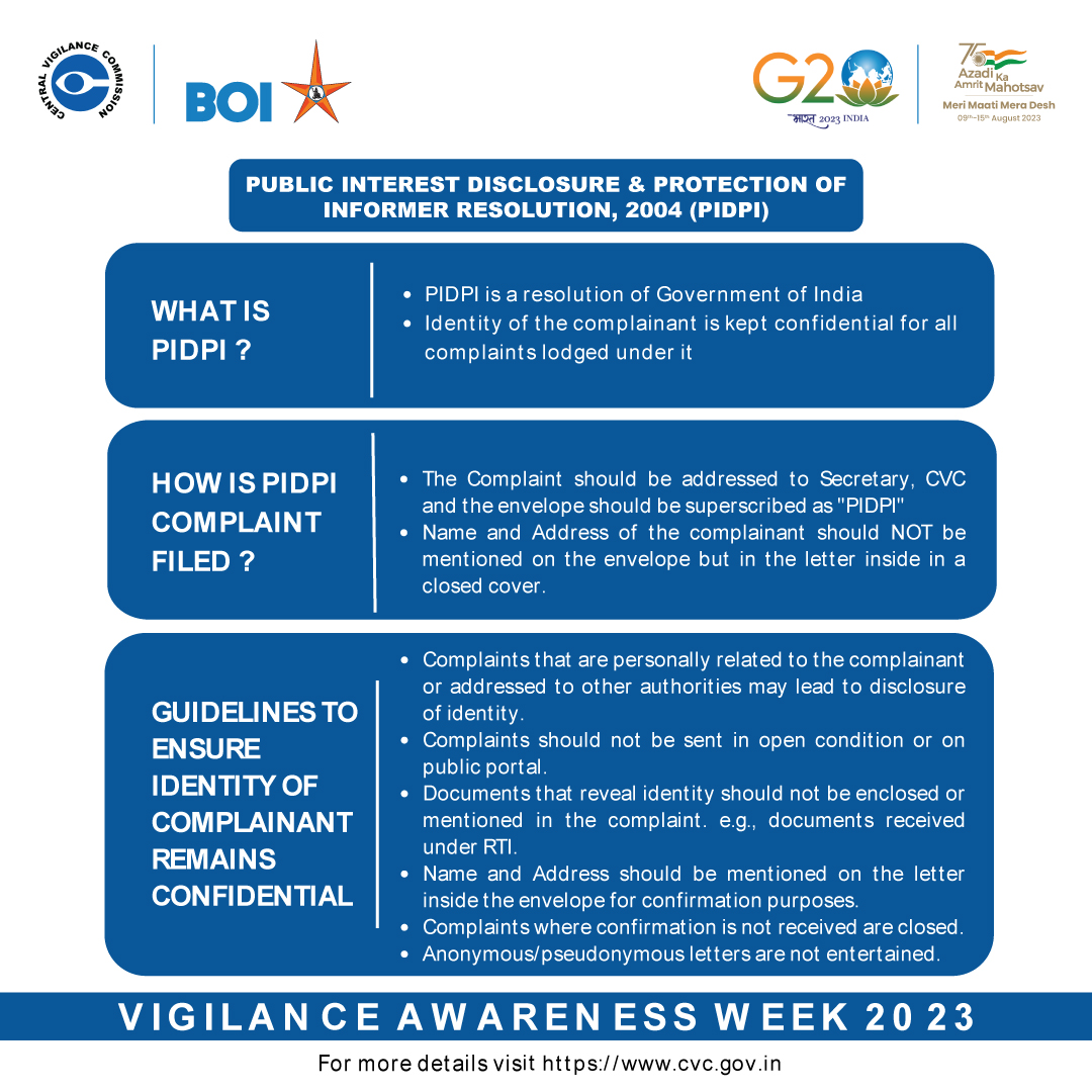 Need to keep your identity safe while filing a complaint against corruption? File it through PIDPI. For more details read this creative or login to cvc.gov.in
#AmritMahotsav #BankofIndia #vigilance