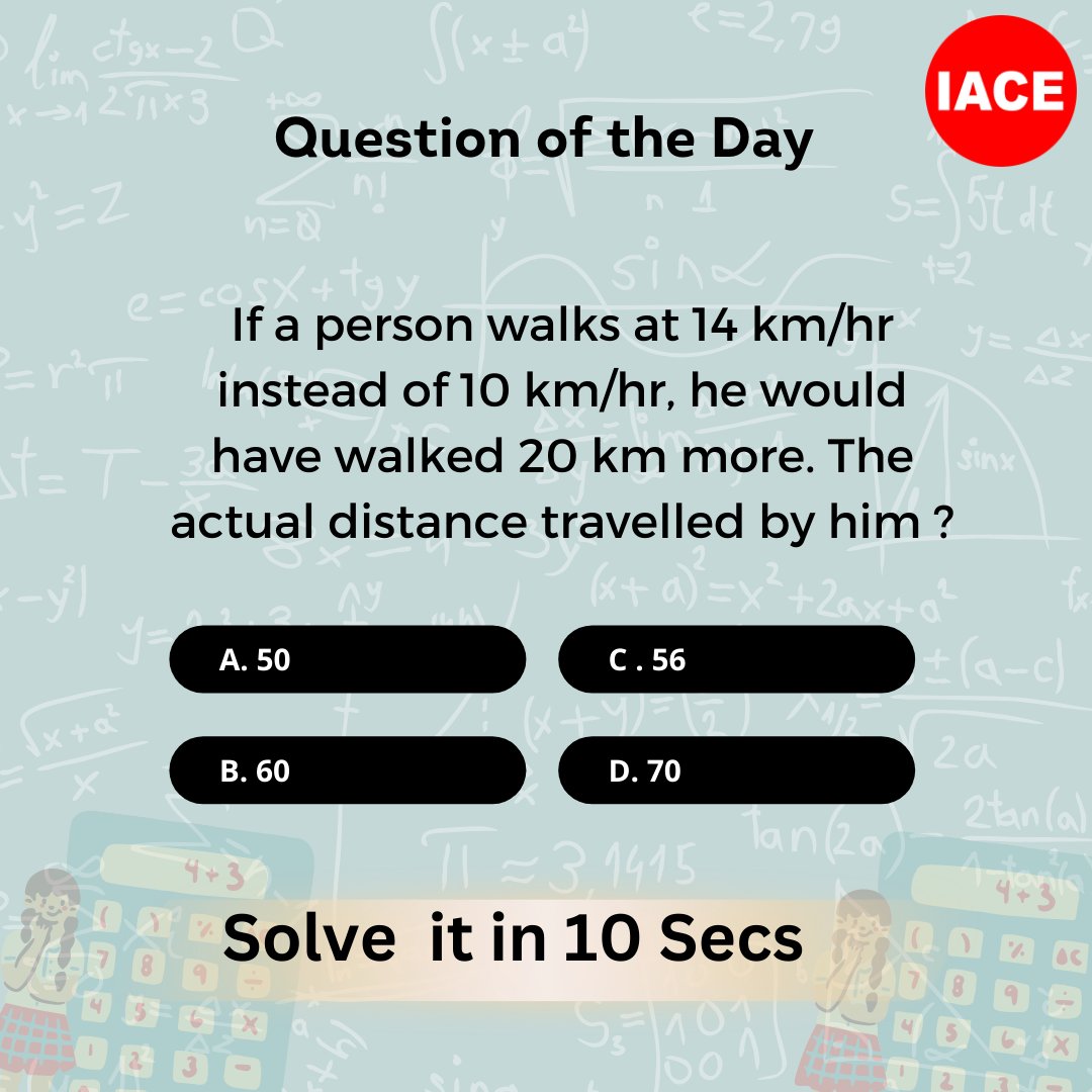 Hyd_IACE's tweet photo. 🧠 Aptitude Challenge: Question of the Day 🧐💡
 Put your math skills to the test! 📚🔢 #AptitudeQuestion #BrainTeaser #MathMagic #ChallengeYourself #TimeAndDistance #PuzzleOfTheDay #BrainTeaser #SpeedCalculation
#MathChallenge #ProblemSolving #MindTeasers #TestYourSkills #IACE https://t.co/cHTxYxLR2p